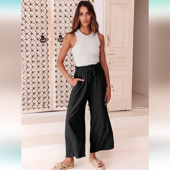 ANRABESS Women's Linen Pants Casual Loose High Waist Drawstring Wide Leg - Picture 7 of 15